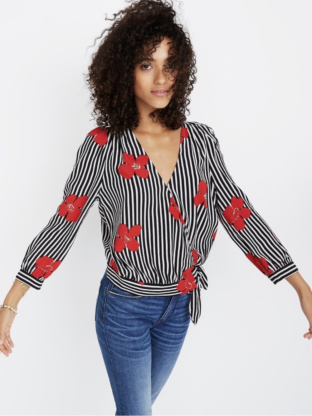 Madewell Candied Orchids Wrap Top Black White Stripe Red Floral Blouse Size S
